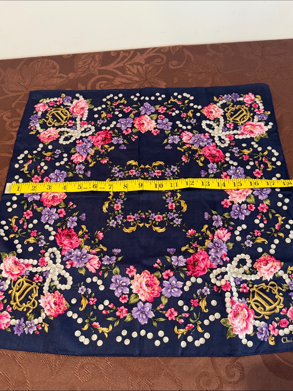 Christian Dior Navy Floral Handkerchief with Pink & Purple Blooms - Picture 4 of 6